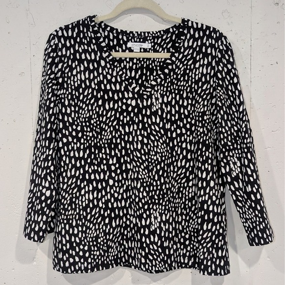 Chico's Tops - Chicos Cotton Tee Size L Black White Women Animal Print V-Neck 3/4 Sleeves